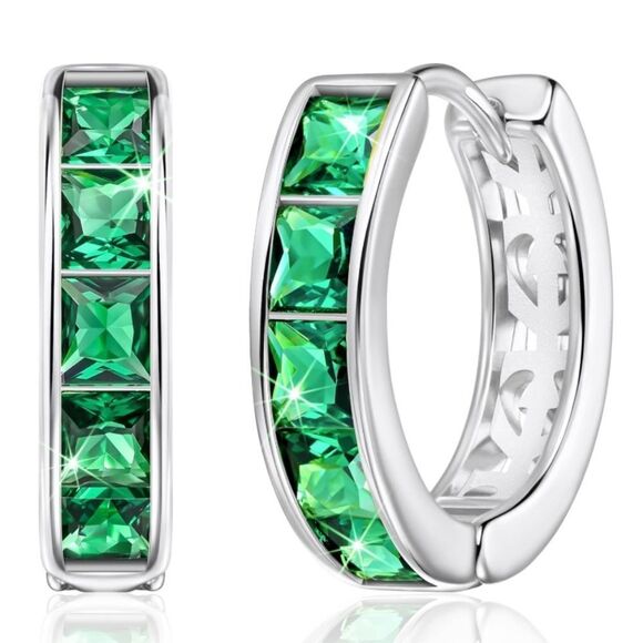 14K White Gold with Emerald Green Cubic Zirconia Princess Cut Huggie Earrings - Picture 1 of 5